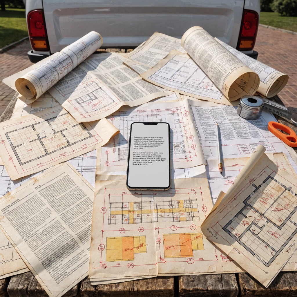 Smartphone on top of numerous architectural plans showing quick answers