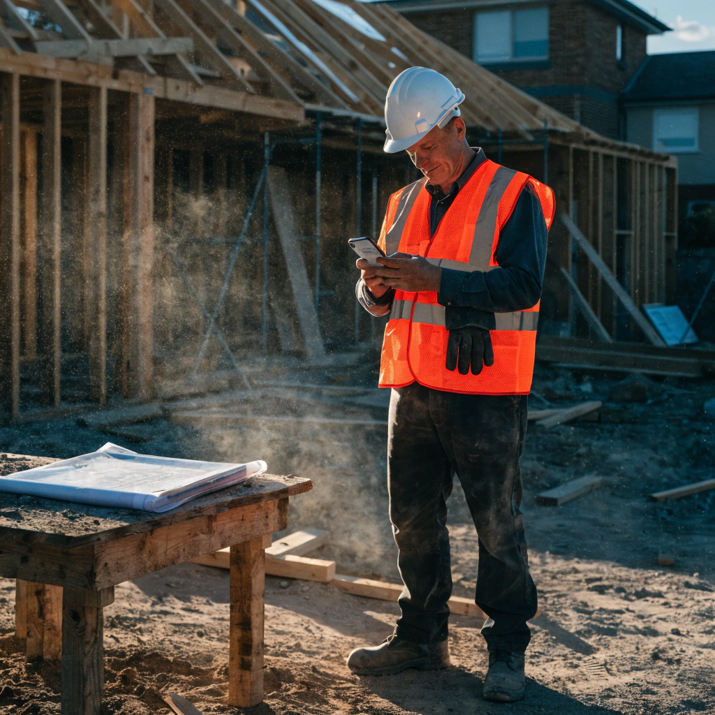Builder on site holding a phone while checking plans