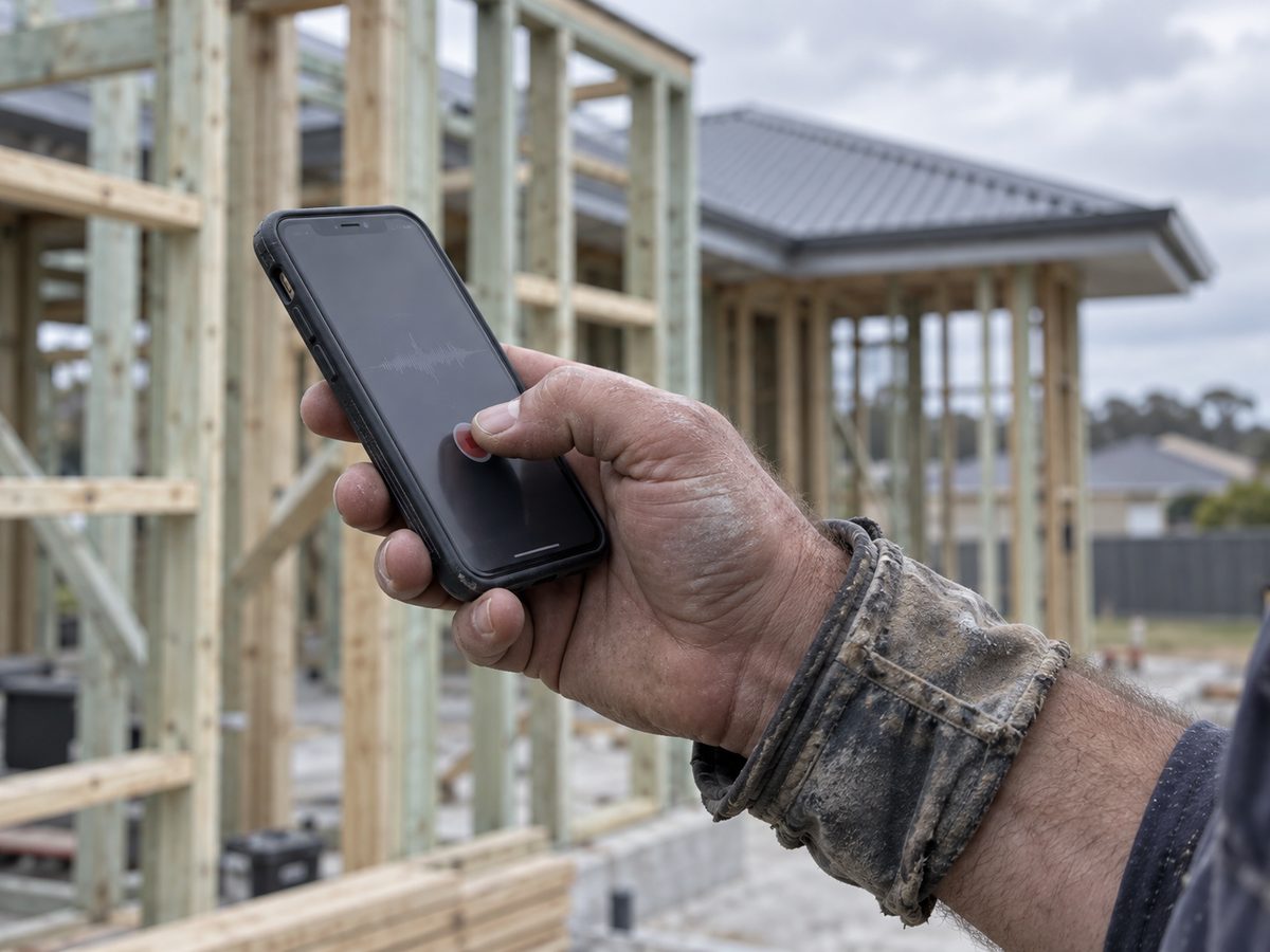 A builder's hand holding a phone mid voice note, timber wall framing behind